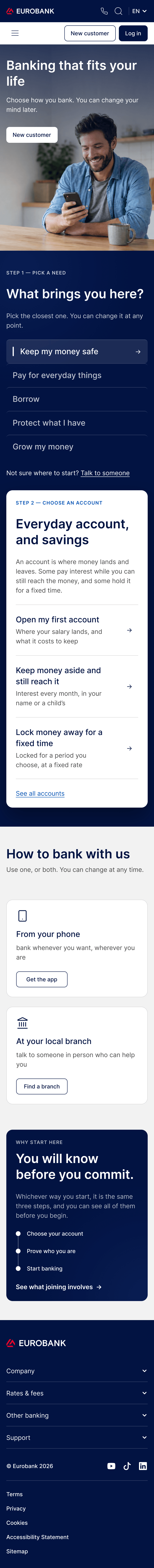 The redesigned page at 390 pixels wide, with a collapsed navigation bar and five sections stacked vertically.