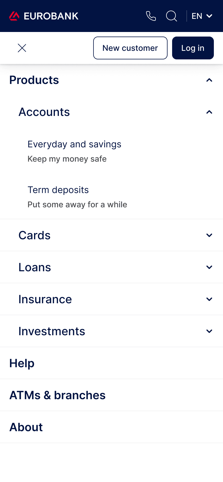 The mobile menu open with Products expanded to show Accounts, Cards, Loans, Insurance and Investments, followed by Help, ATMs and branches, and About.